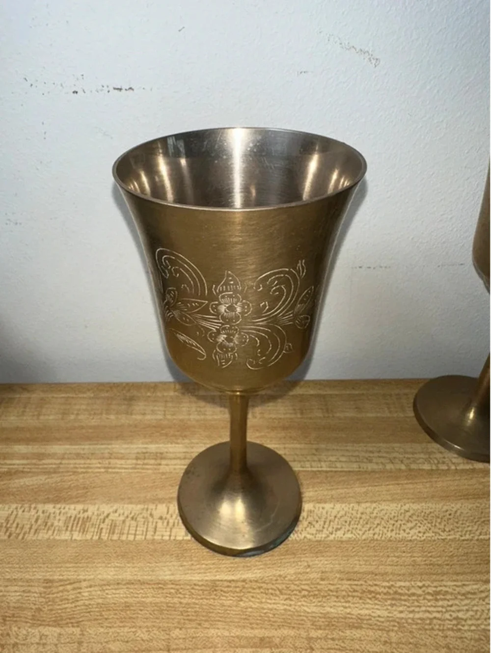 Vintage Etched Brass Wine Goblets/Chalices Set of 4